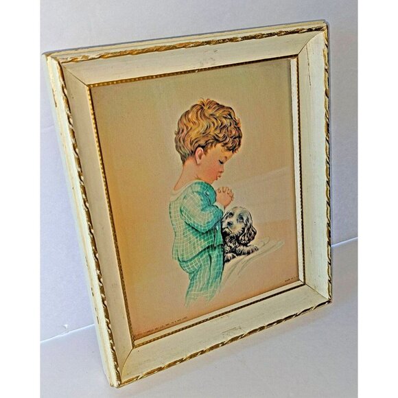 Praying Child with Puppy Vintage Framed Art Card 1958 Issue Donald Art Company - Picture 6 of 6